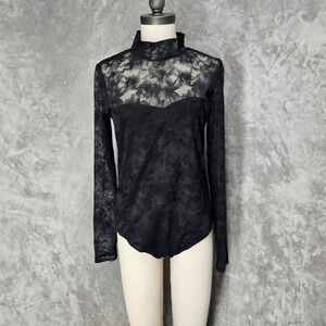 HM Bodysuit Women L Black Floral Lace Mock Neck Sheer Goth Grunge Victorian Snap